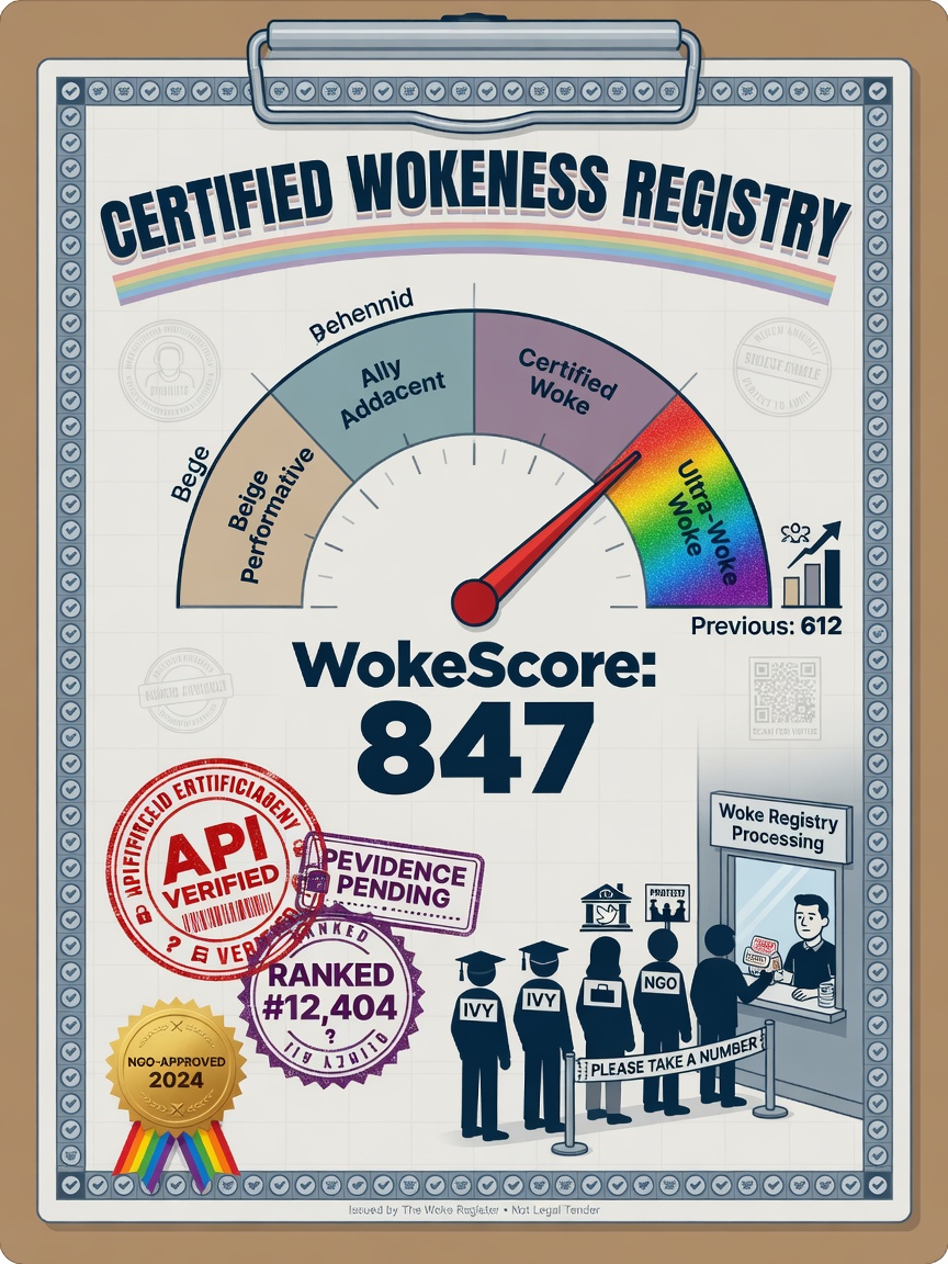 Gecertificeerd Woke Register document met absurde WokeScore